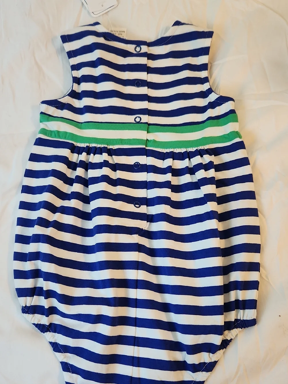 Florence Eiseman Navy & White Striped Baby Romper with Yellow Sun Logo